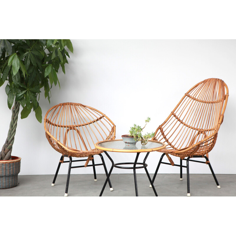 Vintage living room set in rattan - 1960s