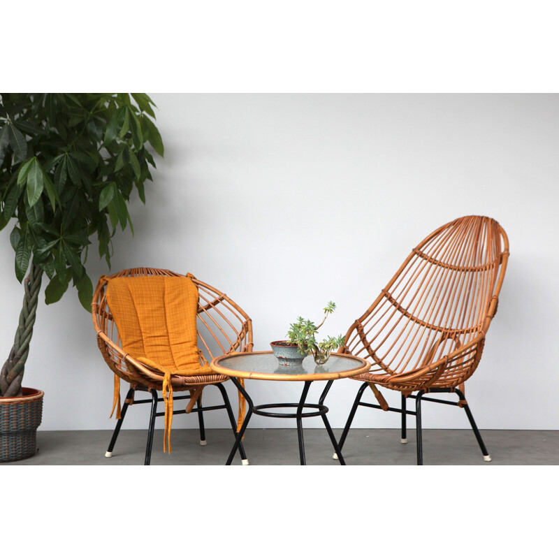 Vintage living room set in rattan - 1960s