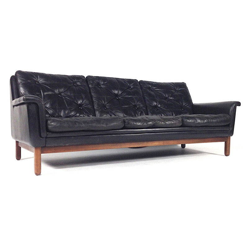 Danish 3-seater sofa in black leather and rosewood, Hans OLSEN - 1950s