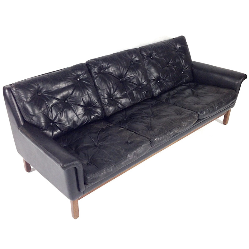 Danish 3-seater sofa in black leather and rosewood, Hans OLSEN - 1950s