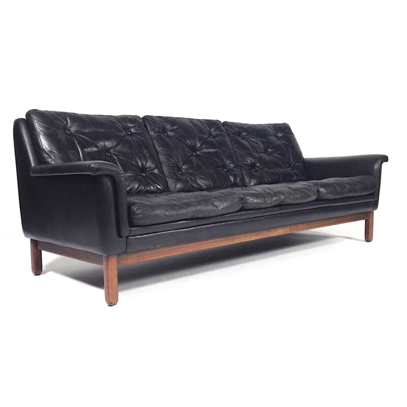 Danish 3-seater sofa in black leather and rosewood, Hans OLSEN - 1950s