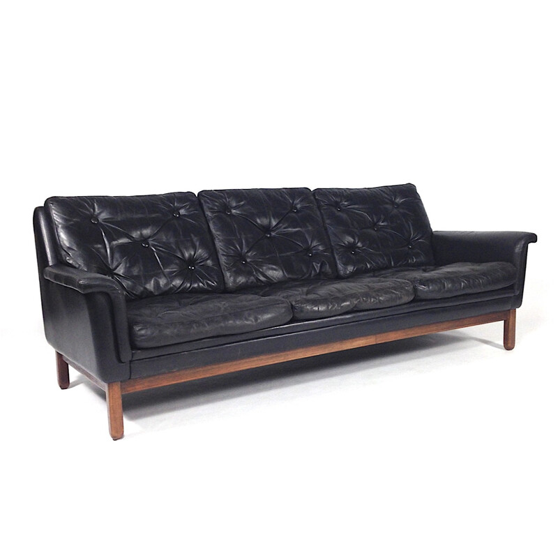 Danish 3-seater sofa in black leather and rosewood, Hans OLSEN - 1950s