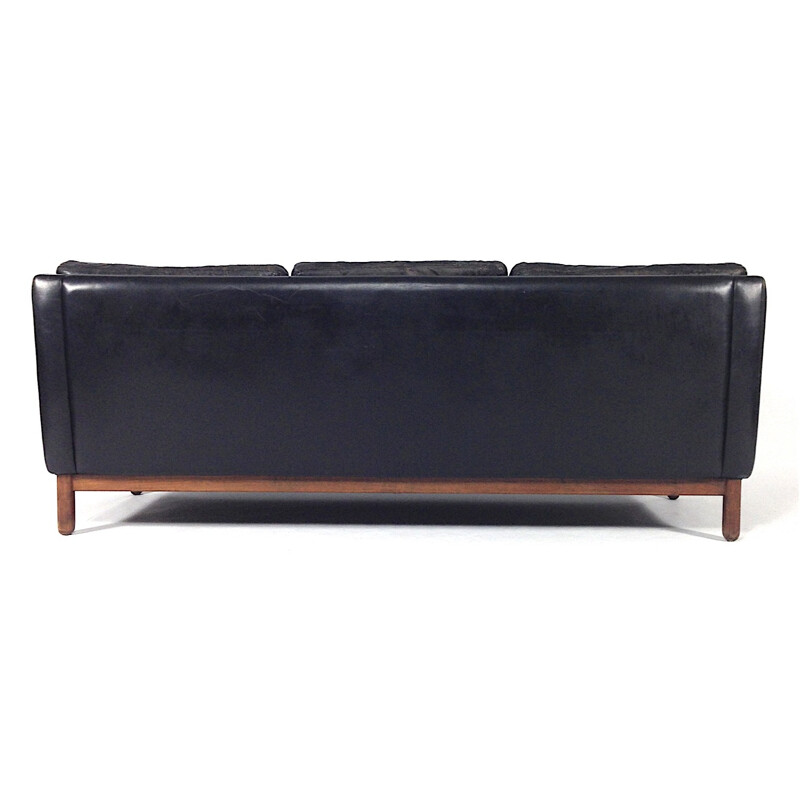 Danish 3-seater sofa in black leather and rosewood, Hans OLSEN - 1950s