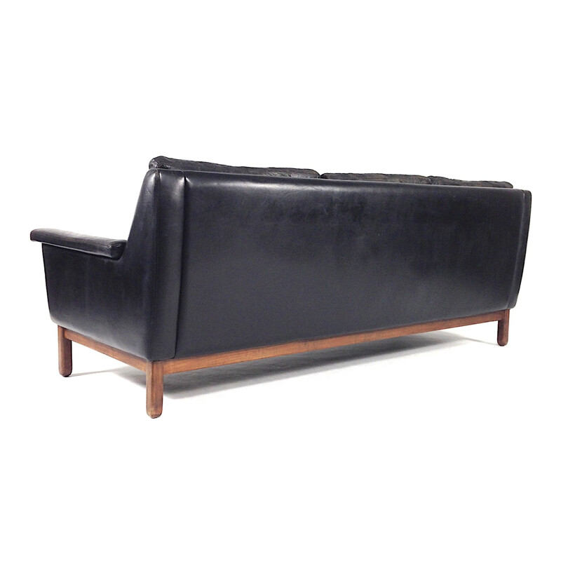 Danish 3-seater sofa in black leather and rosewood, Hans OLSEN - 1950s