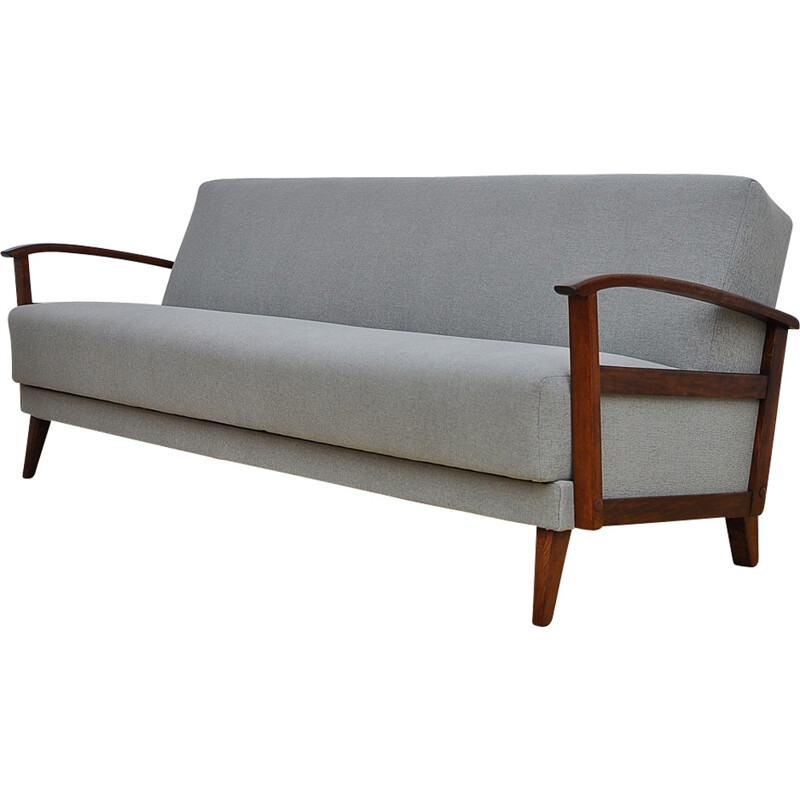 Grey 3 seaters Vinage Sofa Bed in fabric and beech - 1960s