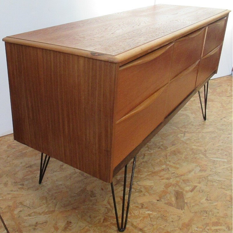 Vintage long chest of 6 drawers made of teak - 1960s