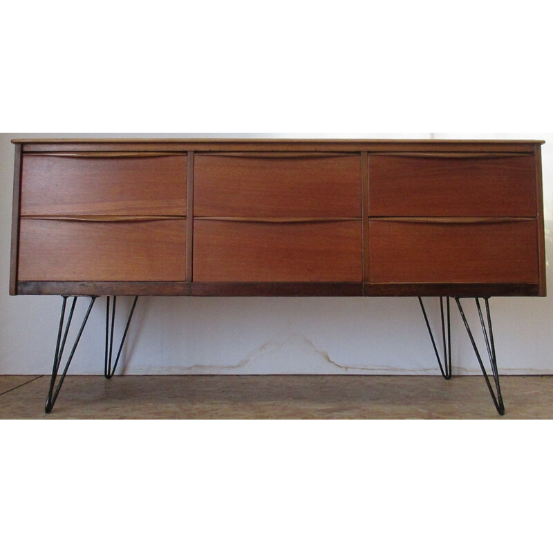 Vintage long chest of 6 drawers made of teak - 1960s