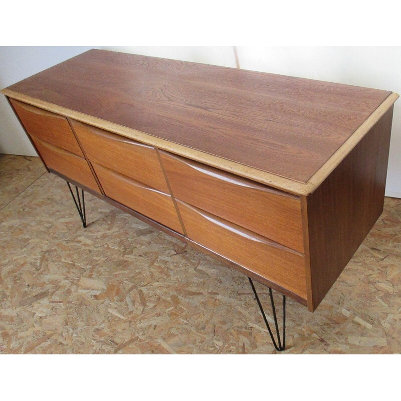 Vintage long chest of 6 drawers made of teak - 1960s