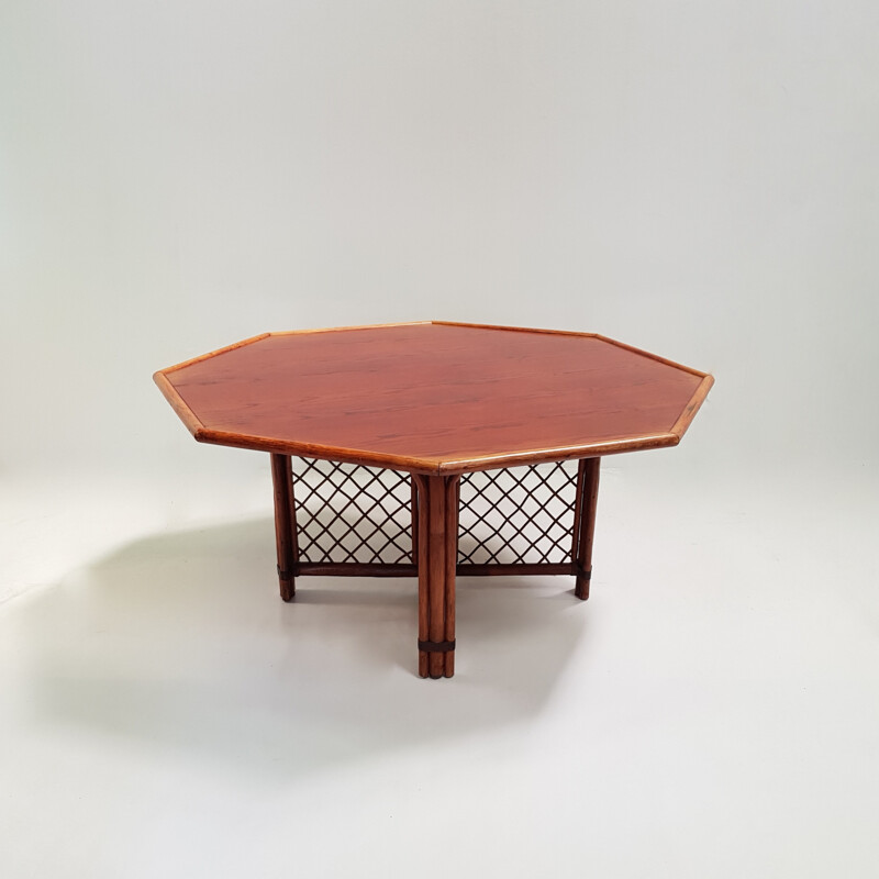 Table à repas octogonale vintage en bois et rotin - 1960