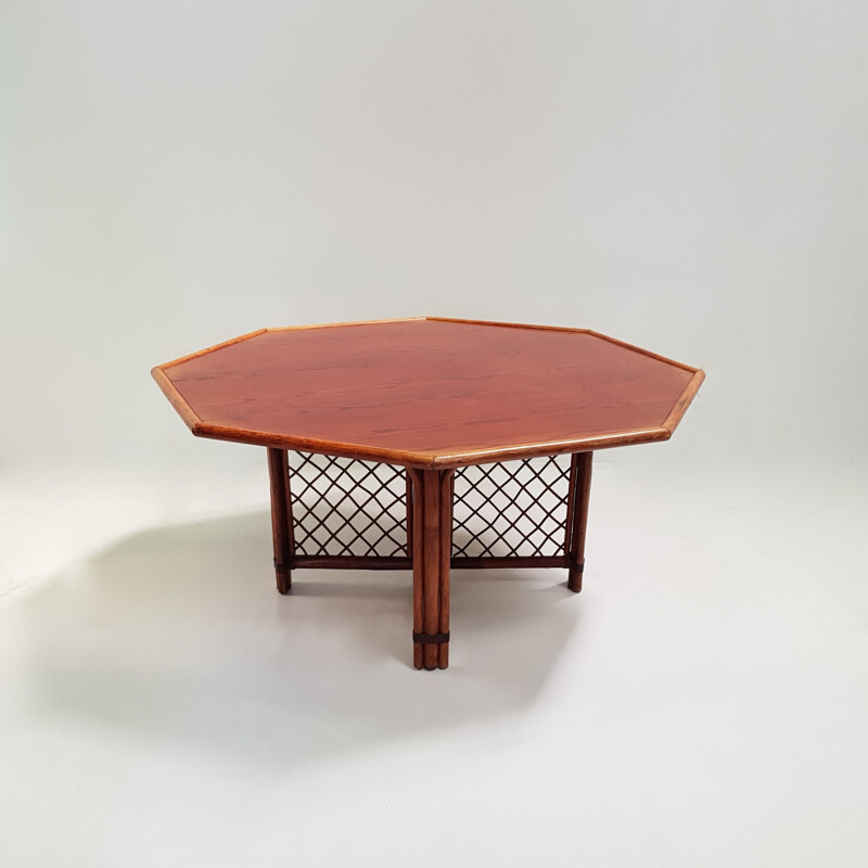 Vintage octagonal dining table in wood and rattan - 1960s