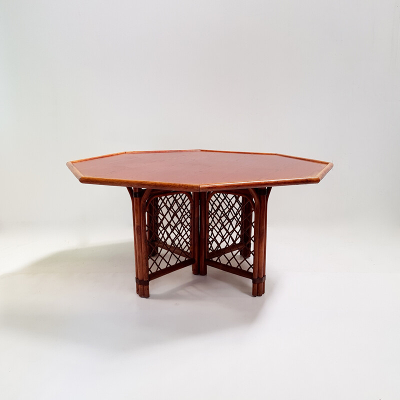 Vintage octagonal dining table in wood and rattan - 1960s