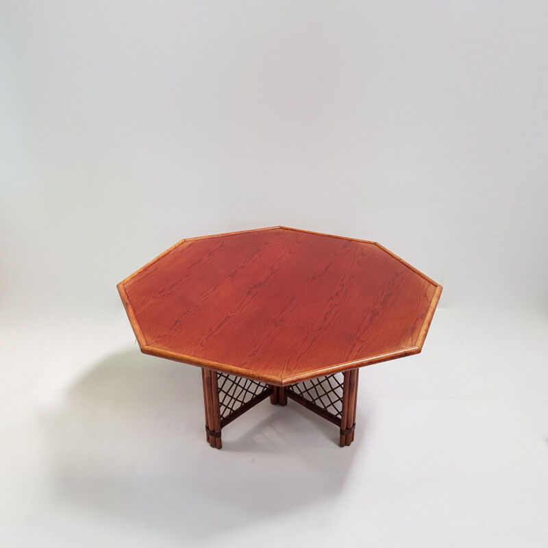 Table à repas octogonale vintage en bois et rotin - 1960