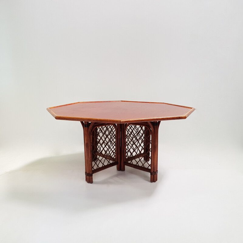 Table à repas octogonale vintage en bois et rotin - 1960