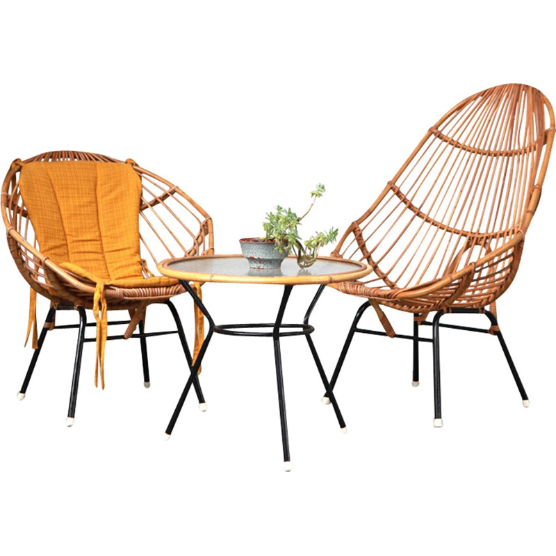 Vintage living room set in rattan - 1960s