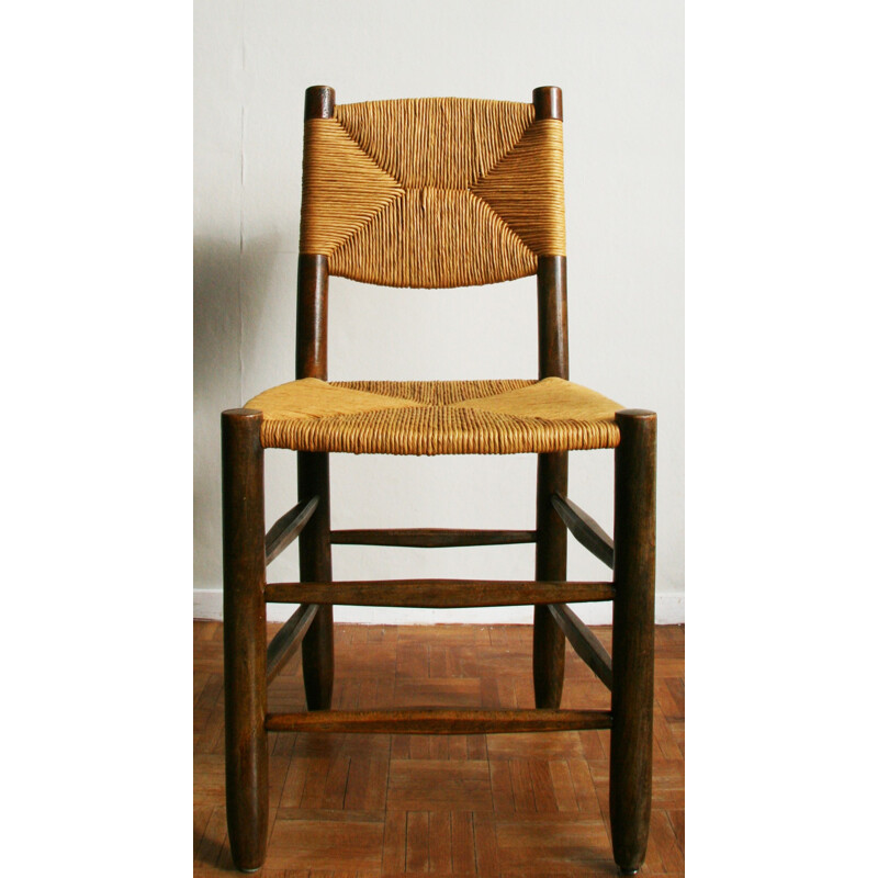 Ensemble de 4 chaises en hêtre massif et paille, Charlotte PERRIAND - 1950