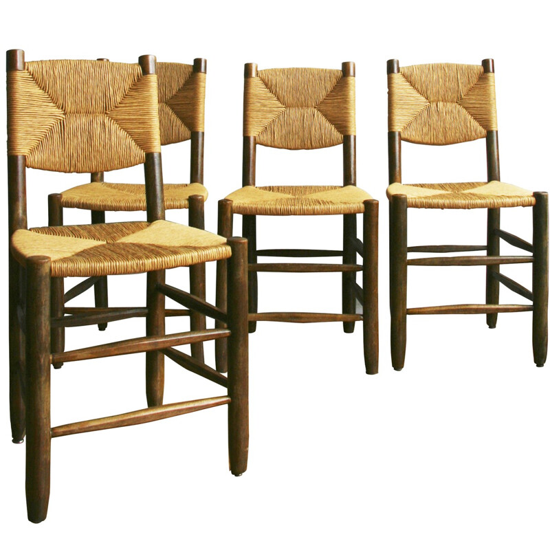 Ensemble de 4 chaises en hêtre massif et paille, Charlotte PERRIAND - 1950