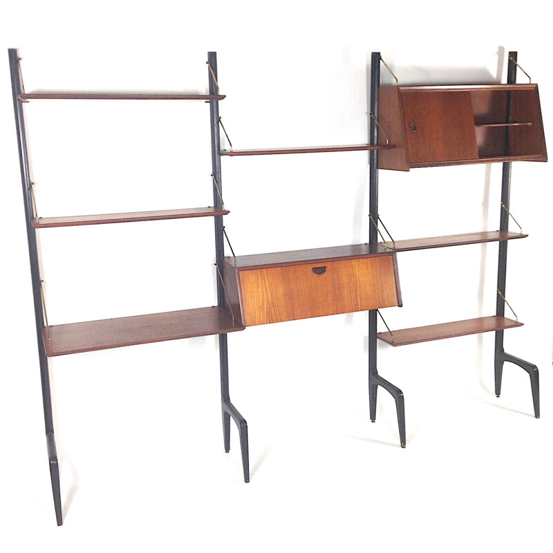 Modular shelving system in teak and brass, Louis VAN TEEFFELEN - 1960s