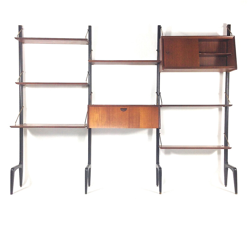 Modular shelving system in teak and brass, Louis VAN TEEFFELEN - 1960s