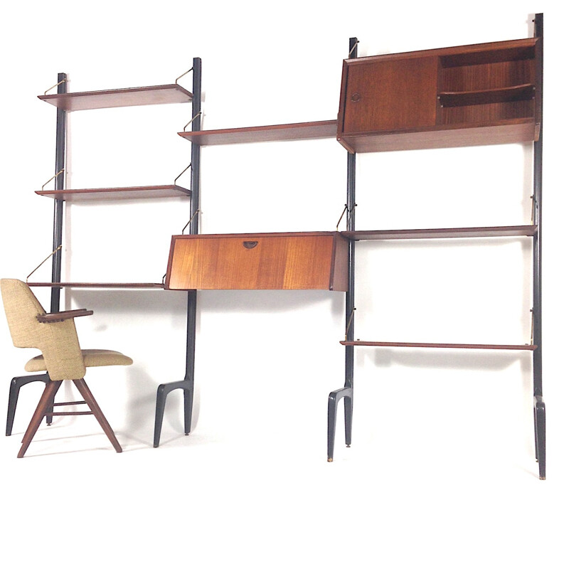 Modular shelving system in teak and brass, Louis VAN TEEFFELEN - 1960s