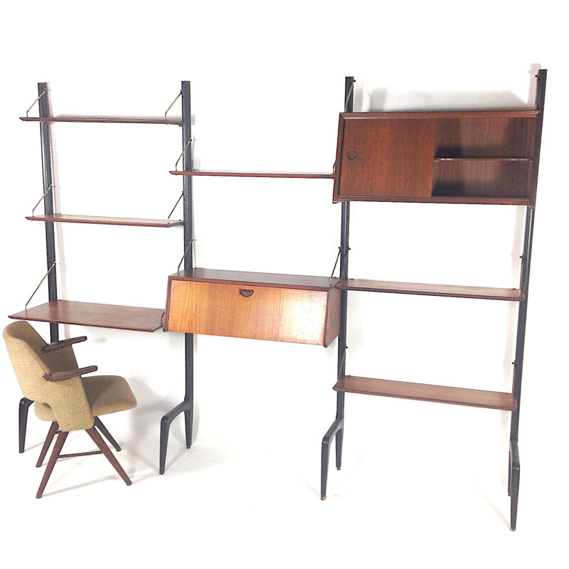 Modular shelving system in teak and brass, Louis VAN TEEFFELEN - 1960s