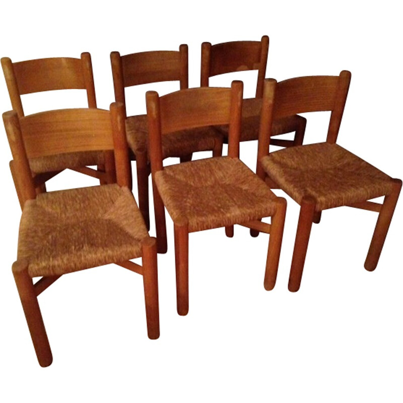 Set of 6 Meribel chairs in oakwood, Charlotte PERRIAND - 1960s