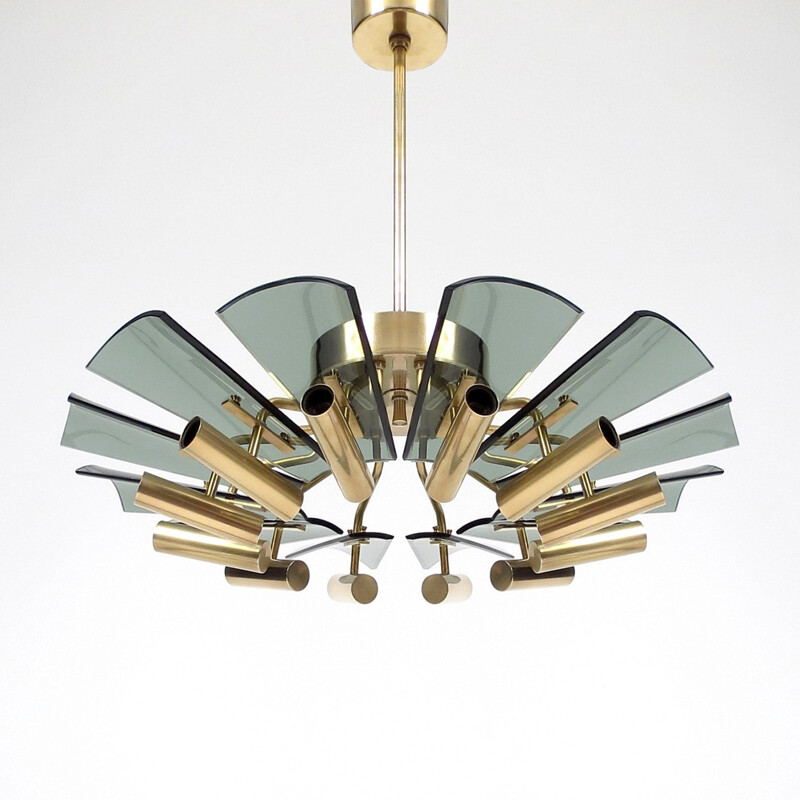 Vintage italian brass and smoked glass chandelier - 1970s