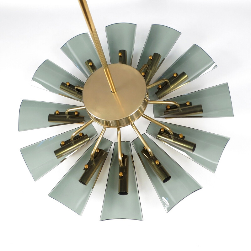 Vintage italian brass and smoked glass chandelier - 1970s