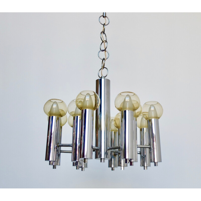 Vintage Modern Chrome Twelve Bulb Chandelier - 1970s