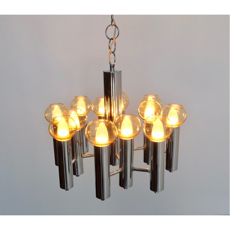 Vintage Modern Chrome Twelve Bulb Chandelier - 1970s