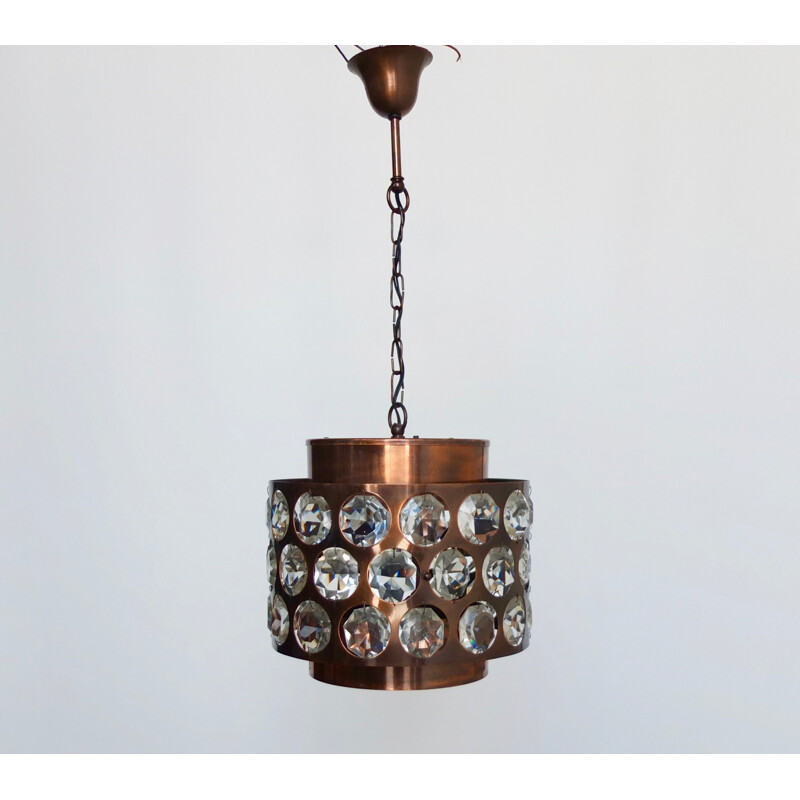Vintage Copper and Crystal Tube Chandelier - 1970s