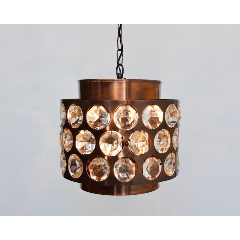 Vintage Copper and Crystal Tube Chandelier - 1970s