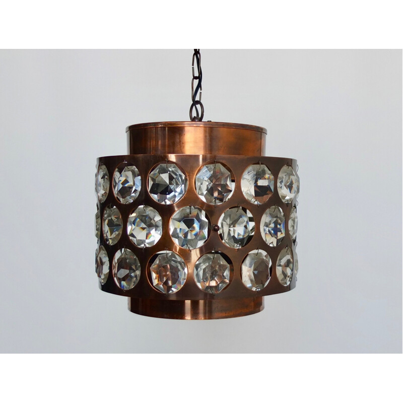 Vintage Copper and Crystal Tube Chandelier - 1970s