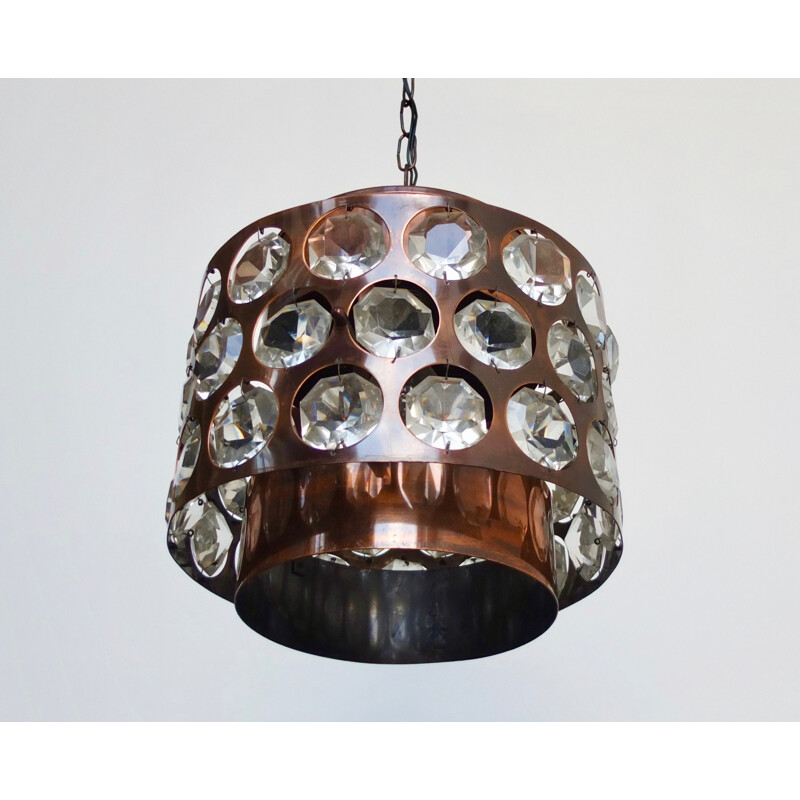 Vintage Copper and Crystal Tube Chandelier - 1970s