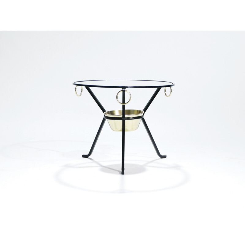 Brass and Iron pedestal Vintage side table by Jacques Adnet - 1950s