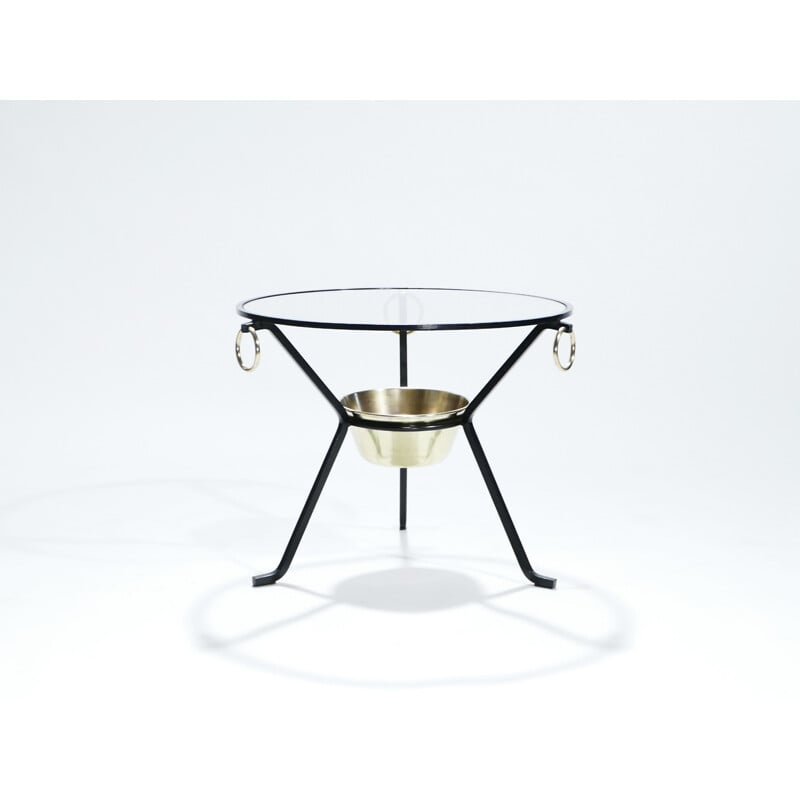 Brass and Iron pedestal Vintage side table by Jacques Adnet - 1950s
