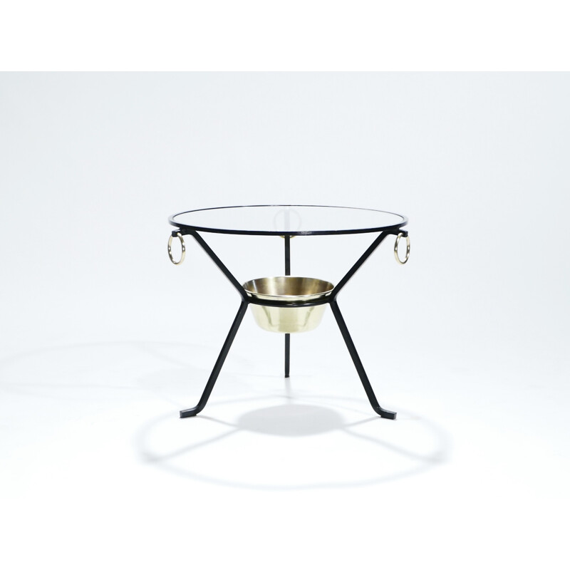 Brass and Iron pedestal Vintage side table by Jacques Adnet - 1950s