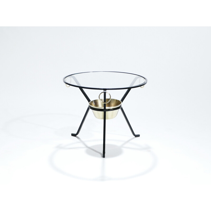 Brass and Iron pedestal Vintage side table by Jacques Adnet - 1950s