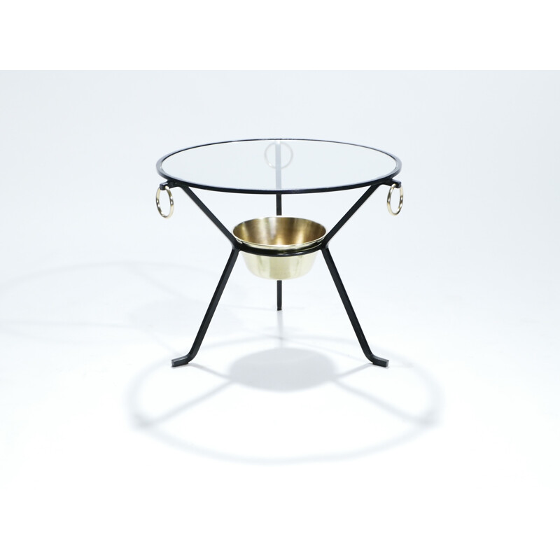 Brass and Iron pedestal Vintage side table by Jacques Adnet - 1950s