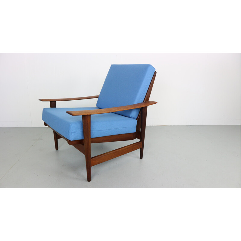 Fauteuil bleu scandinave vintage en Teck - 1960