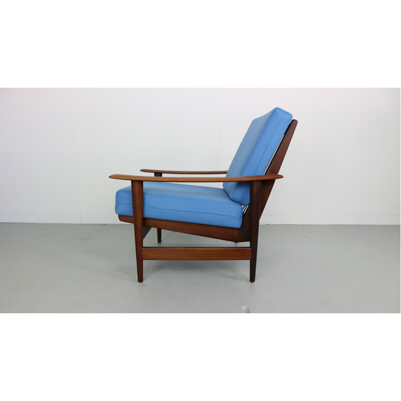 Fauteuil bleu scandinave vintage en Teck - 1960