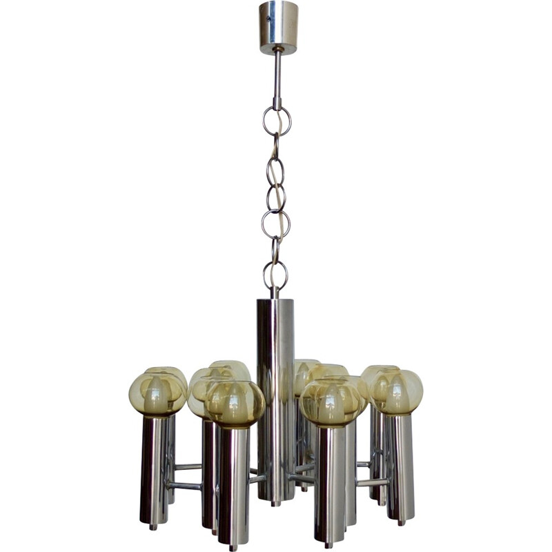 Vintage Modern Chrome Twelve Bulb Chandelier - 1970s