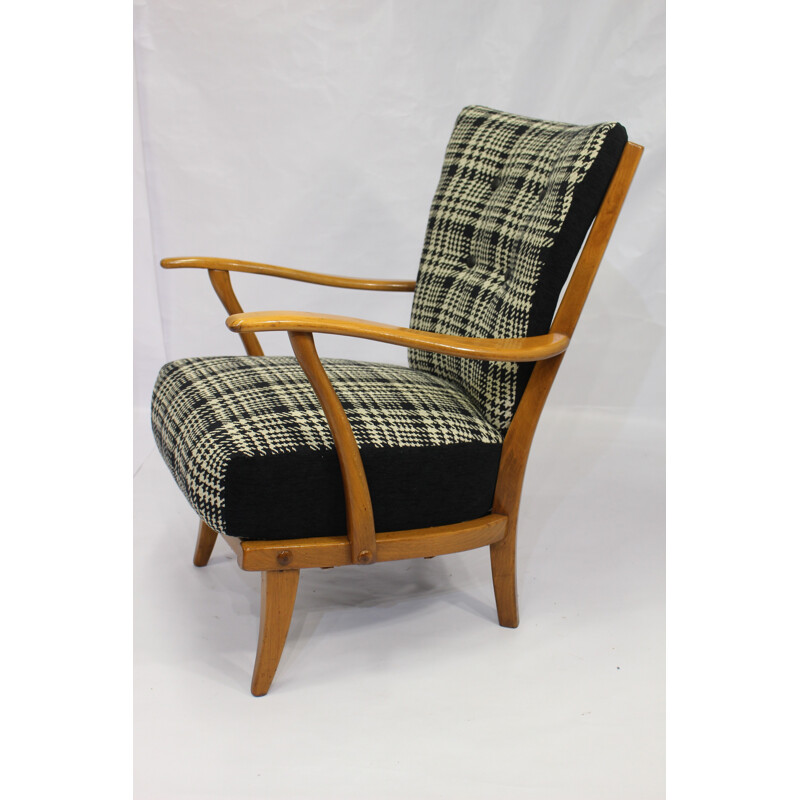 Fauteuil vintage en bois avec tissu à carreaux - 1960