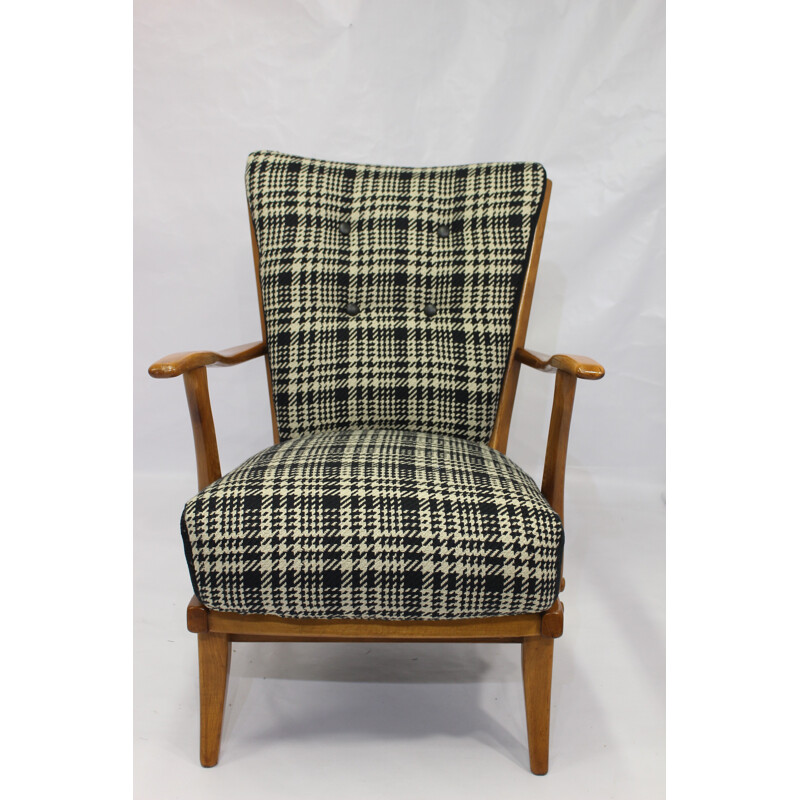 Fauteuil vintage en bois avec tissu à carreaux - 1960