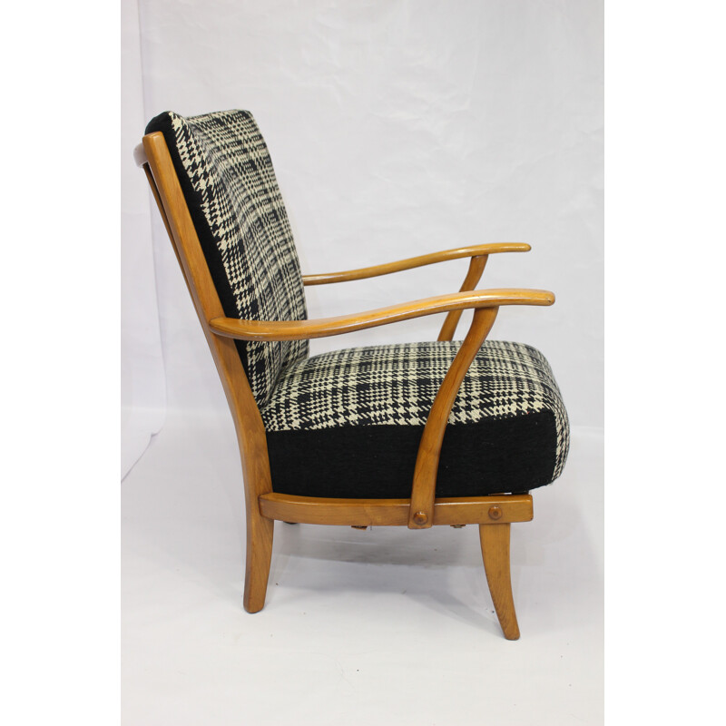 Fauteuil vintage en bois avec tissu à carreaux - 1960