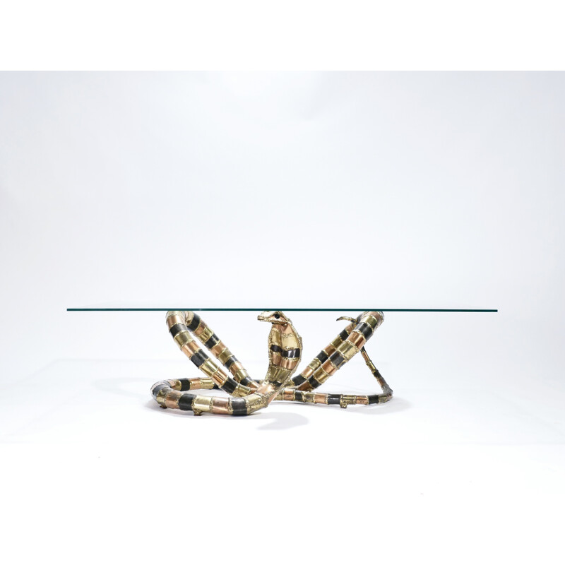 Vintage "Cobra" coffee table in bronze and brass by Isabelle Masson-Faure - 1970s