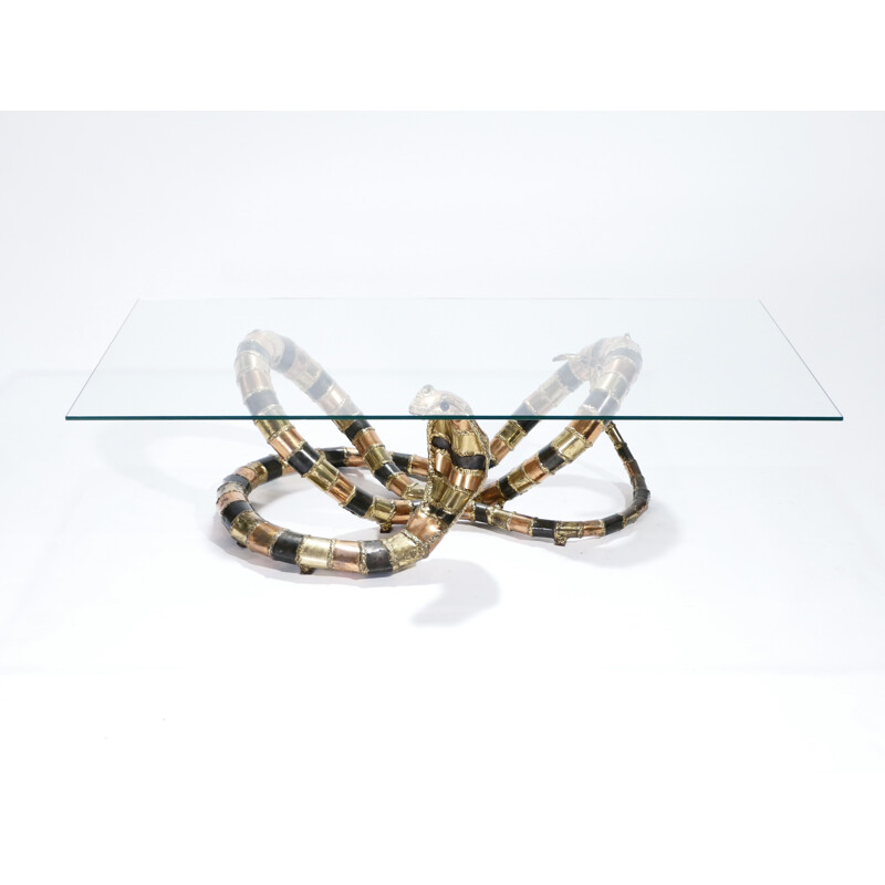 Table basse vintage "Cobra" en bronze et laiton by Isabelle Masson-Faure - 1970