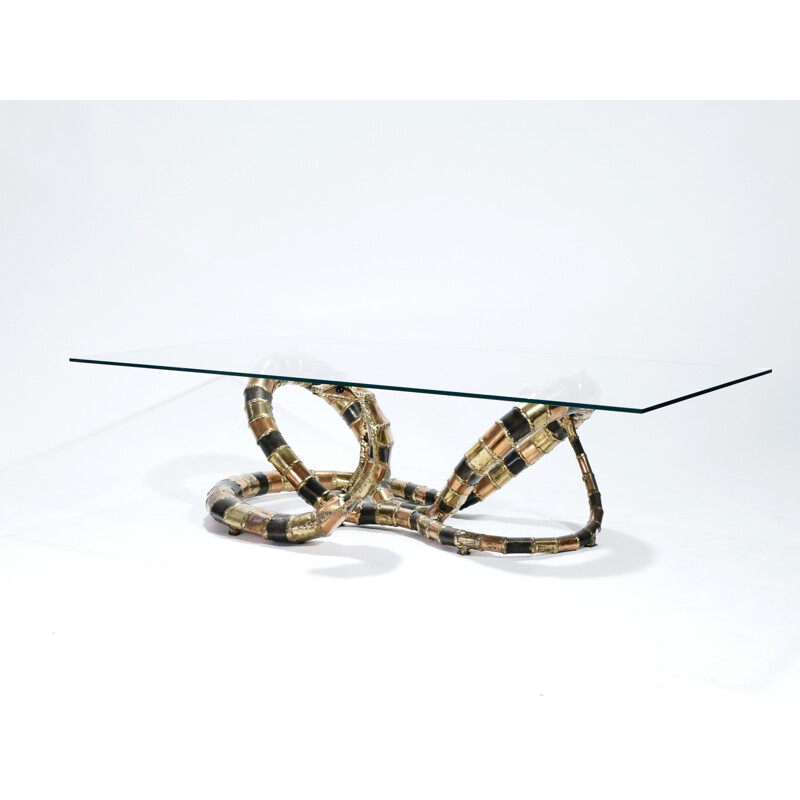 Vintage "Cobra" coffee table in bronze and brass by Isabelle Masson-Faure - 1970s