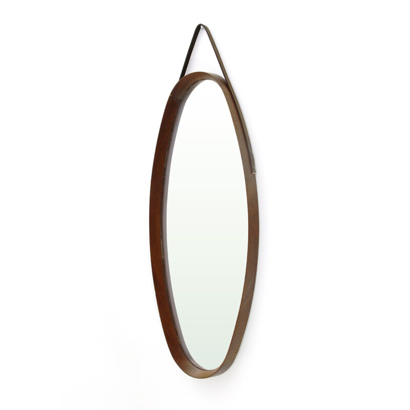 Vintage Italian oval mirror with teak frame - 1950s