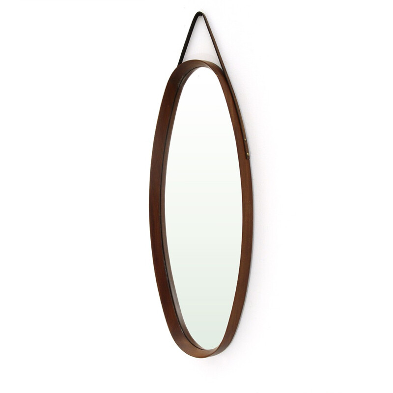 Vintage Italian oval mirror with teak frame - 1950s