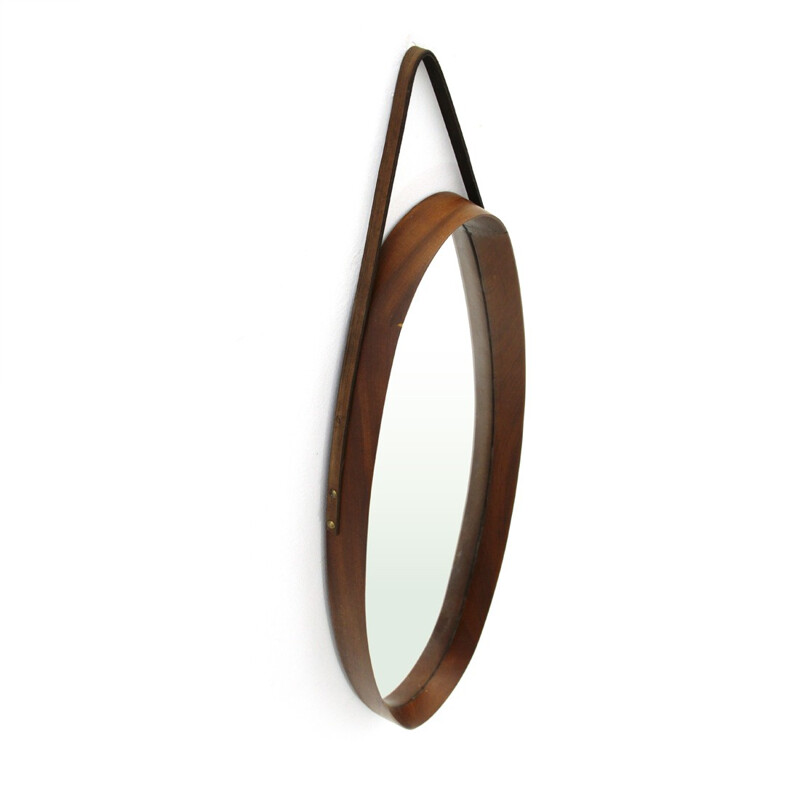 Vintage Italian oval mirror with teak frame - 1950s